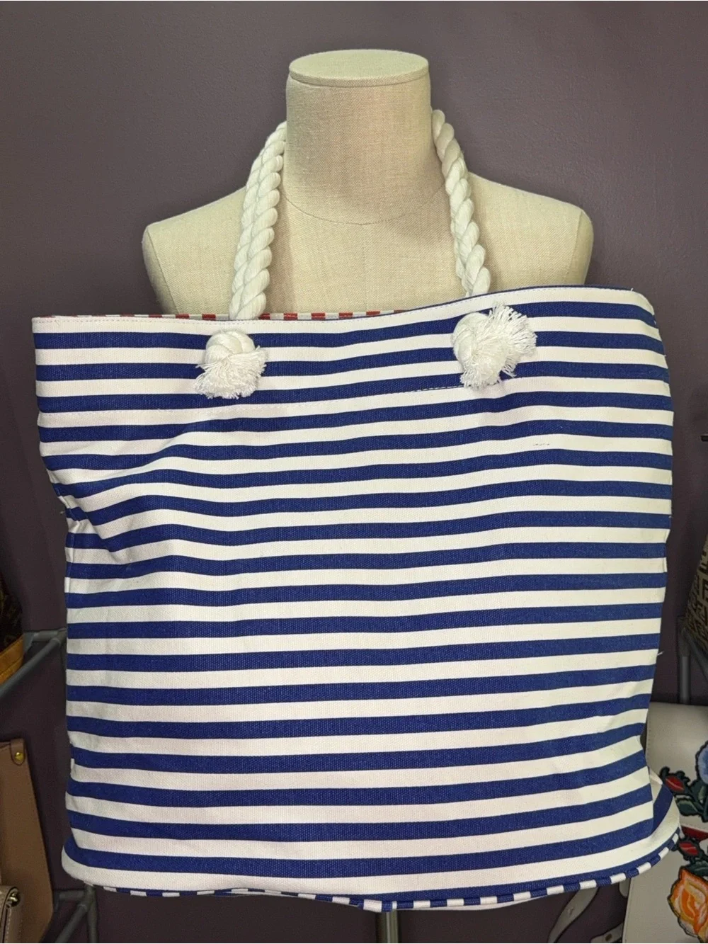 Punctuate Nautical Striped Canvas Tote Bag with Red Anchor Accent